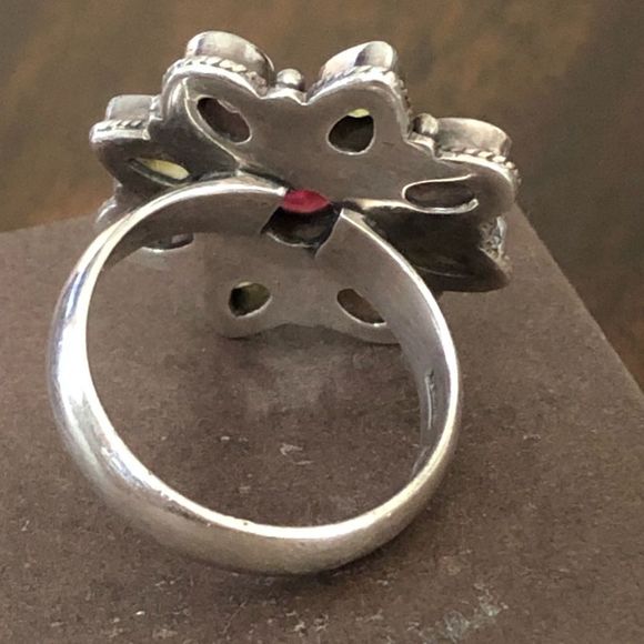 Sterling Silver Amethyst Peridot Garnet Flower Cocktail Ring Vintage - Picture 5 of 6